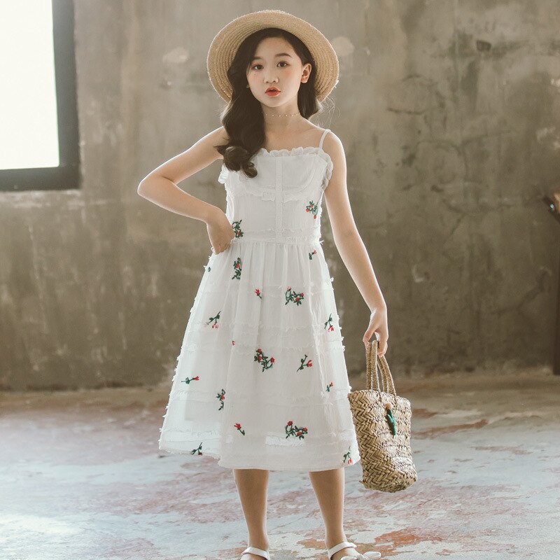 Summer Girls Braces Dress Kids and Teen Girls Cotton Floral Printed Dress Cute Children Beach Dresses, #8773