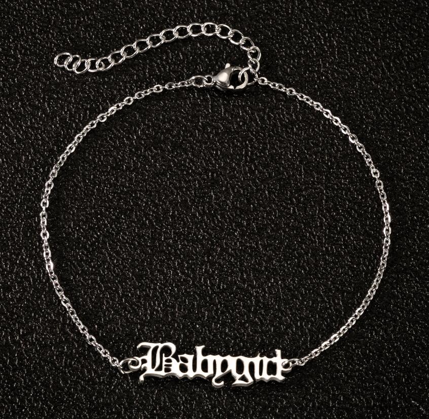 Vintage engelska bokstav ängel fotlänkar guld rostfritt stål kedja babygirl fotled armband för kvinnor fot smycken sommar strand: 13s