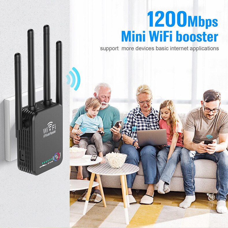 Kuwfi wifi repetidor banda dupla 2.4/5g 1200mbps poderoso wifi roteador wi-fi extensor 4 * 2dbi antena de longo alcance wlan wi-fi amplificador