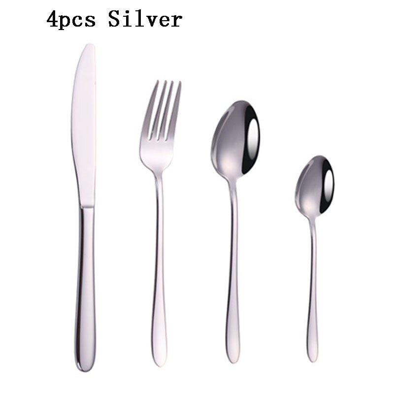 Flatware Forks Knives Spoons Stainless Steel Silverware Set Cutlery Sets Tea Spoon Dinner Wedding Dinnerware Steel Mirror Polish: 4pcs Silver
