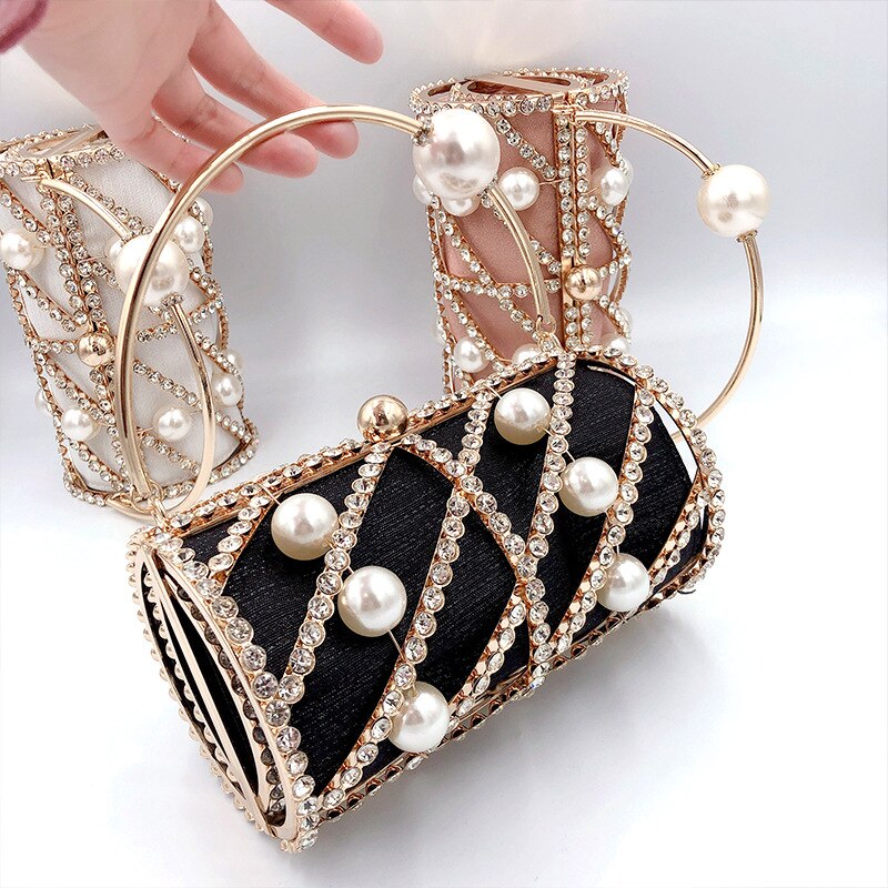 Luxe Diamant Feestavond Clutch Bag Voor Vrouwen Parel Strass Tas Hollow Out Portemonnees En Handtassen Bruiloft Kooi Tas