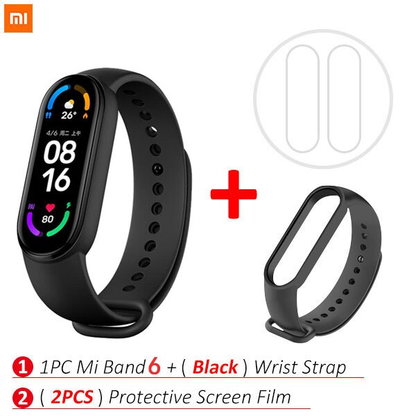 Xiaomi-pulsera inteligente Mi Band 6, dispositivo con control del ritmo cardíaco y del oxígeno en sangre, Pantalla AMOLED a Color de 1,56 pulgadas, Bluetooth, 5 colores: Add Black Strap