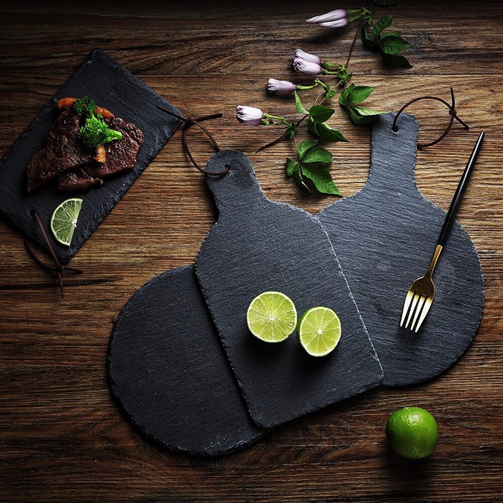 Natural Slate Dishes Solid Rectangle Stone Sushi Steak Barbecue Plate Cheese Pizza Flat Fruit Plate MJ71508