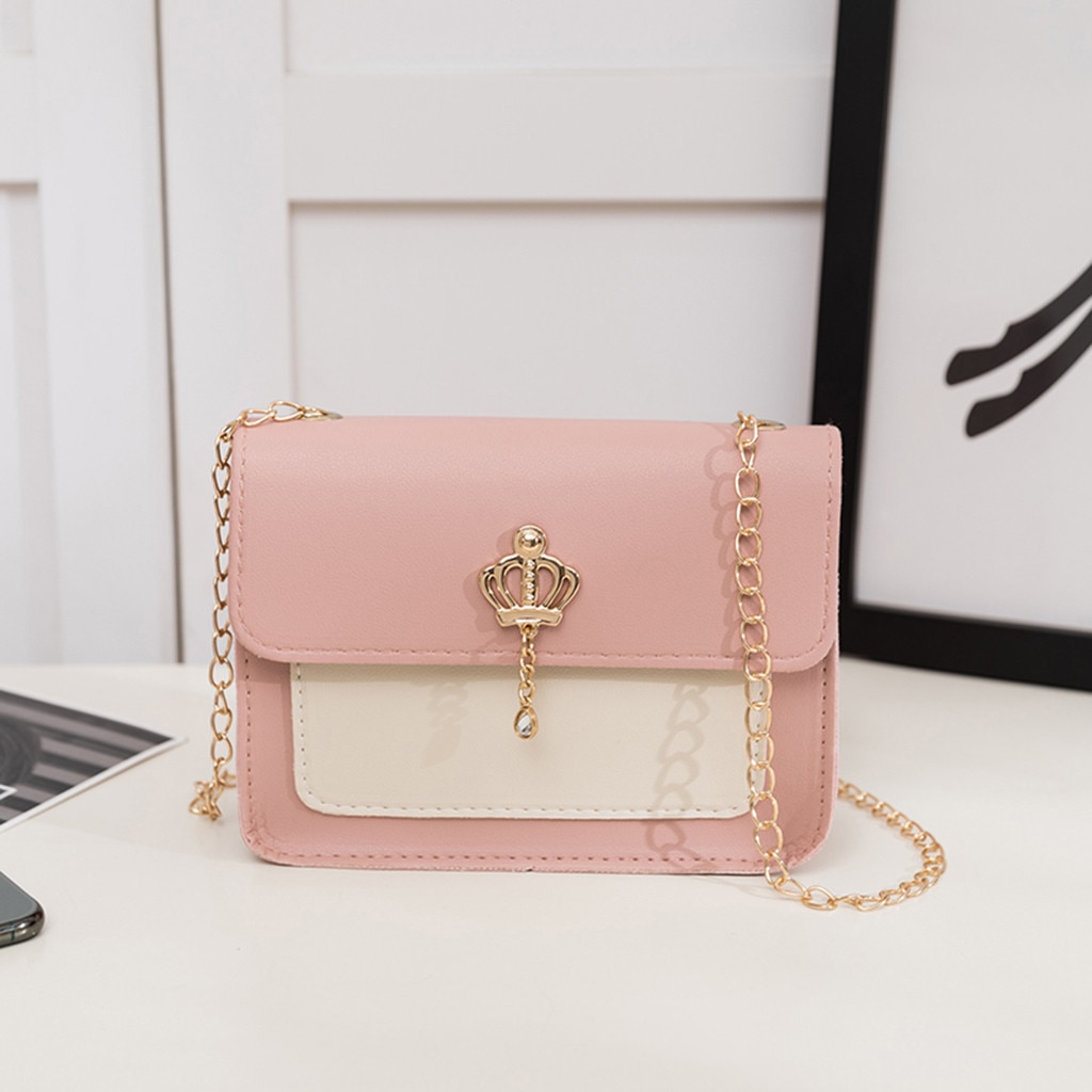 Messenger Crossbody Bags Women Bag Casual Handbag Tote Metal Chain Strap Shoulder Bag Girls Brief Flap bolsos Mujer: Pink