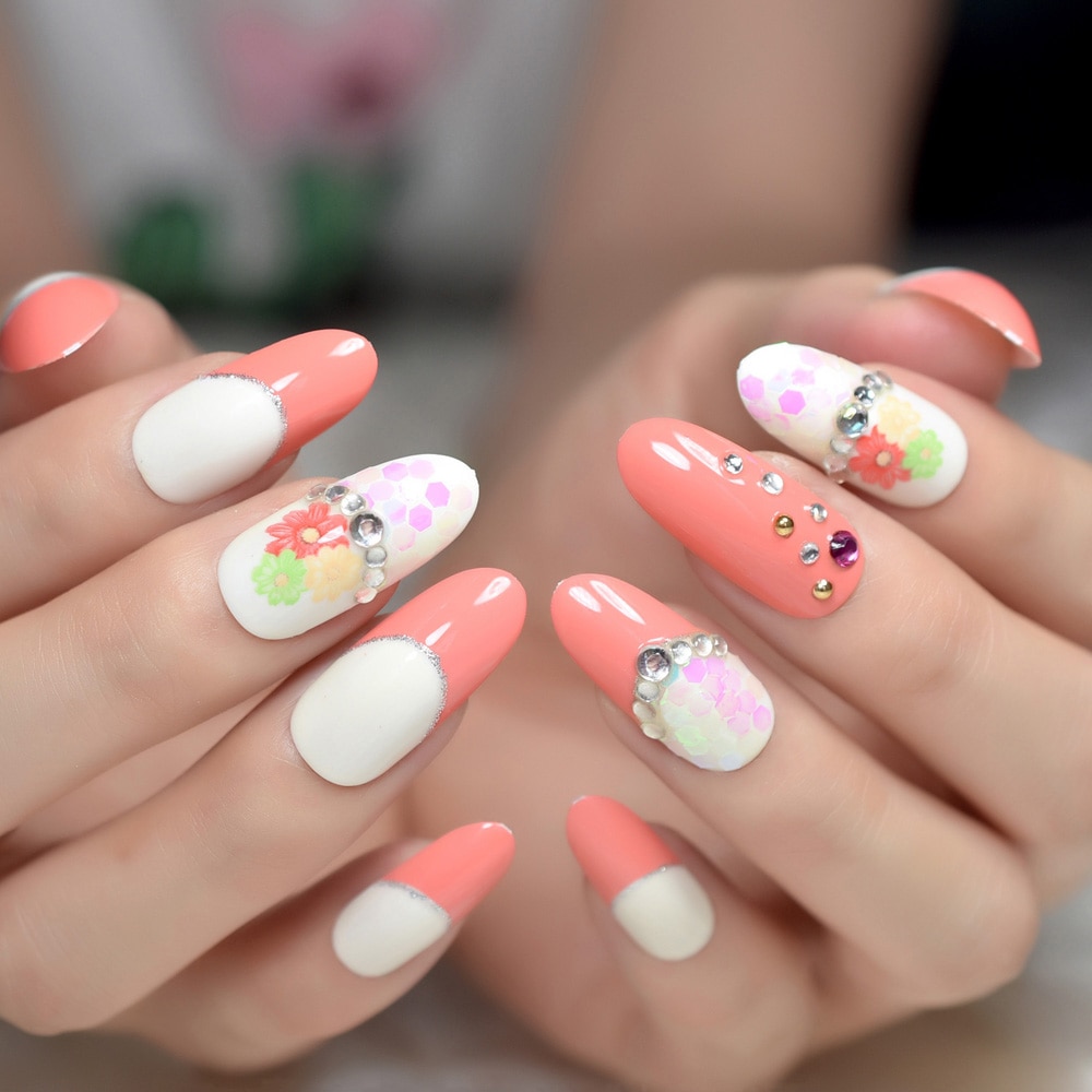 Long rond français acrylique faux ongles blanc Orange fleur faux ongles avec strass décoration presse sur ongles Z949