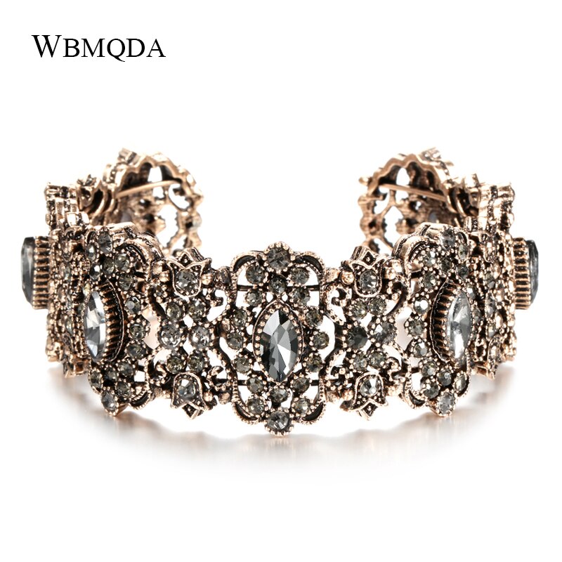 Wbmqda vintage grå krystal armbånd boho antik guld justerbare brede manchet armbånd til kvinder erklæring smykker fest: Grå