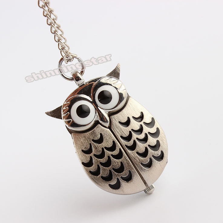 Zilveren Vintage Nacht Uil Ketting Hanger Quartz Zakhorloge Ketting P26