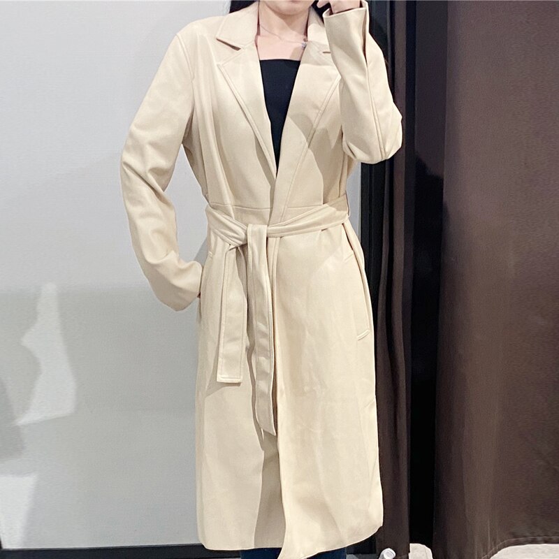 Efterår vinter kvinder imiteret læder trenchcoat kvindelig vintage bælte lang jakke outwear toppe damer afslappet løs vindjakke: Farve 2 / L