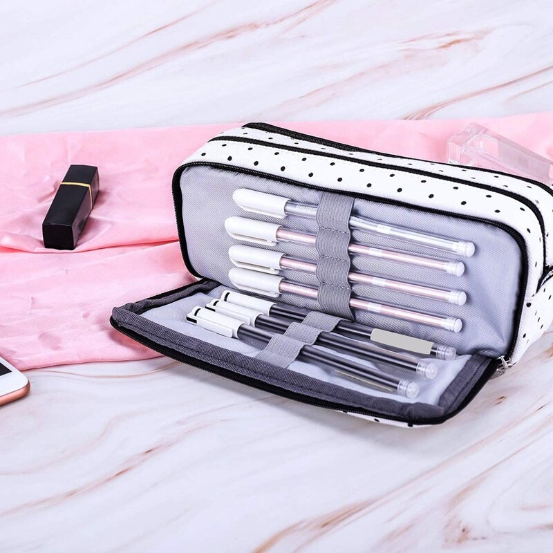 ANGOO Pencil Case Big Capacity Double Open Pencil Pouch 3 Compartments Canvas Makeup Cosmetic Pouch for School Office