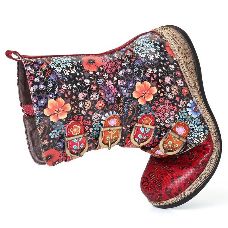 ¡Novedad de ! Botas de Mujer Socofy con estampado Retro de hebilla de Metal, Botines de piel sintética con cremallera, botas de plataforma para Mujer