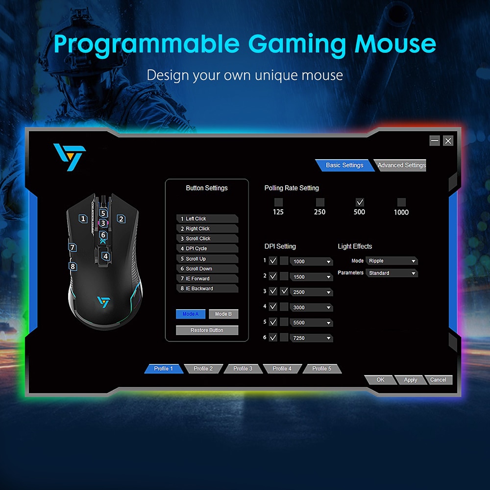 VicTsing PC109 Gaming Mouse Wired PC Gamer Mouse 7250 DPI 6 Buttons Optical Mice Ergonomic With Side Buttons RGB Backlit