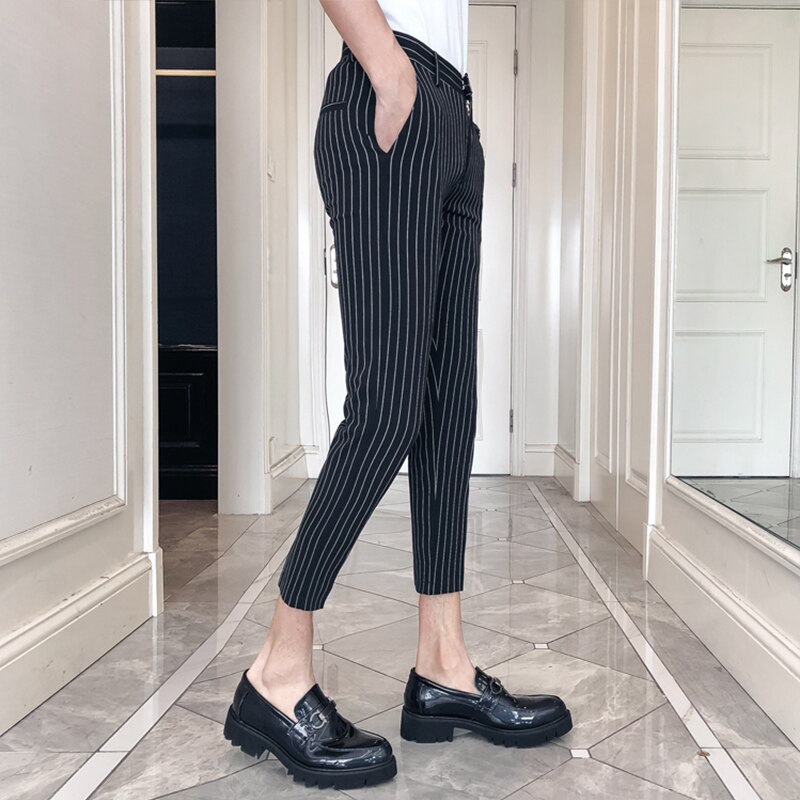 Miesten vapaa-ajan housut raidalliset miehet ohuet housut nilkkapituiset puvut housut ohut mekko miesten vaatteet pantalon homme