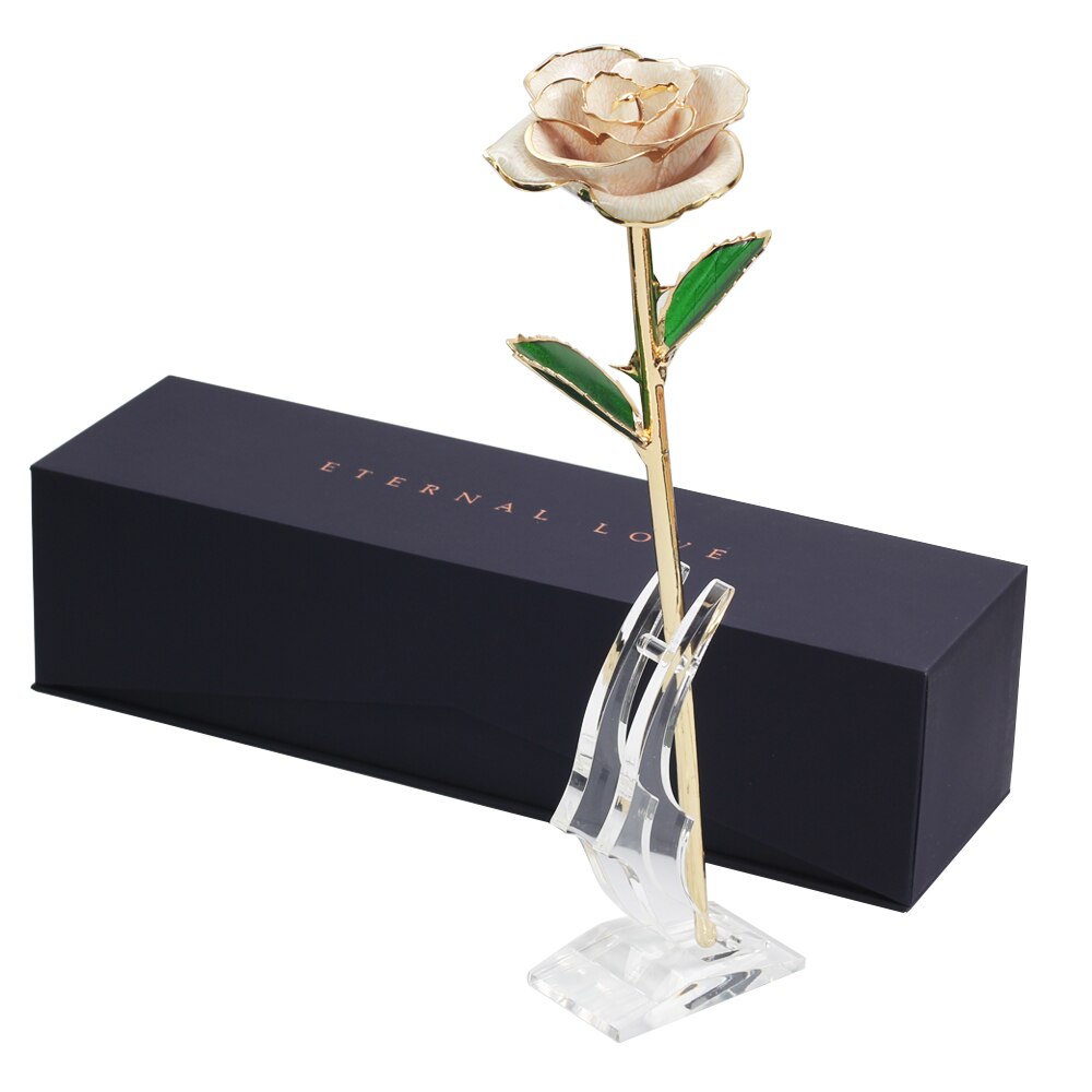 24k Gold Dipped Rose Flower Artificial Flowers Eternal Rose with Stand Forever Love In Box Birthday for Girls: Beige