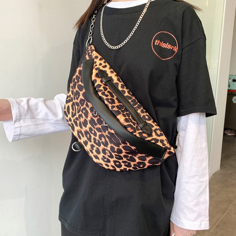 2022 neue Nylon Leopard fanny Pack Reißverschluss Kette Gürtel Tasche für Frauen Weibliche Crossbody Brust Packungen Mädchen Schulter Taille taschen