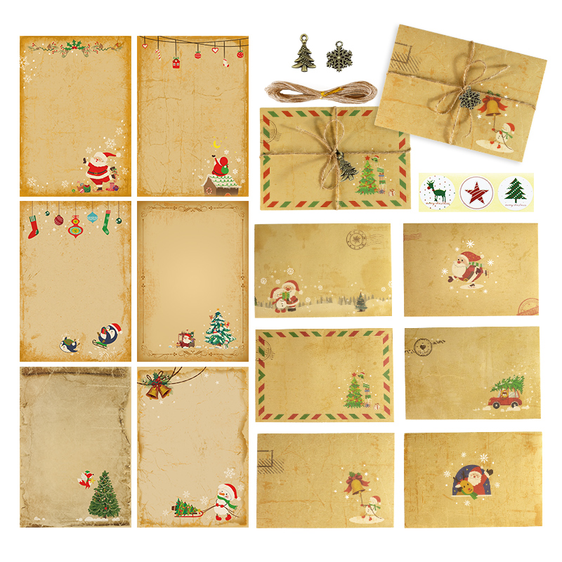 6Sets Christmas Kraft Letter Pad Envelope Retro Santa Claus Letter Paper Xmas Party Invitation Envelope with Accessories