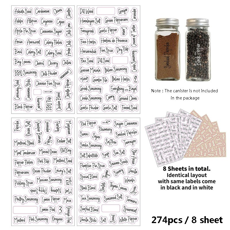 274 stk klare krydderikrukker etiket klistermærker ord i sorte og hvide farver madflaske container gadgets krydderier 8 ark