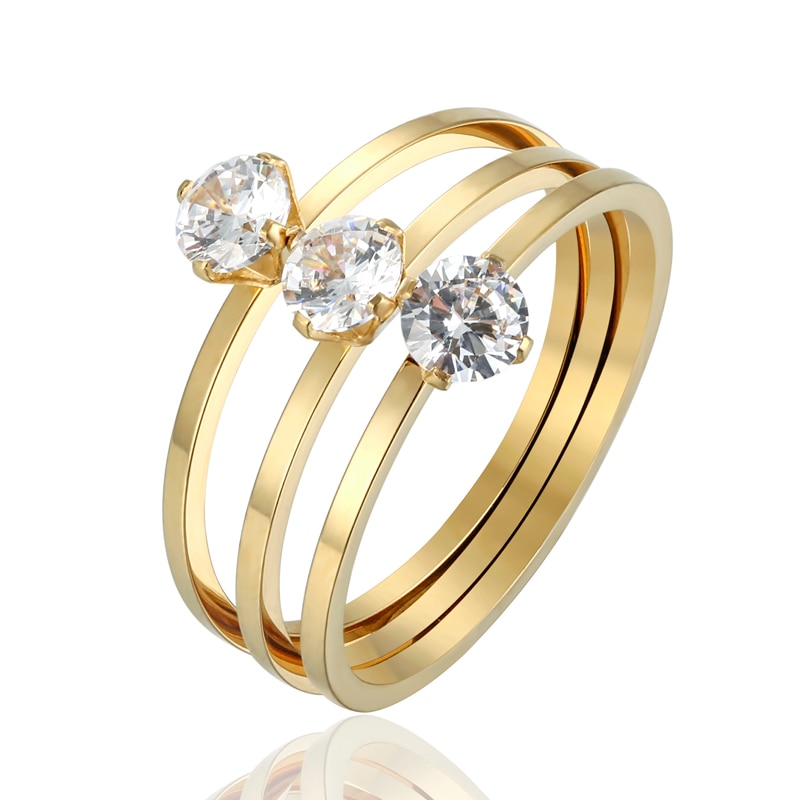 Smukke skinnende tre fusionerede krystal vielsesringe rustfrit stål guld smykker ring til kvinder elsker anillo