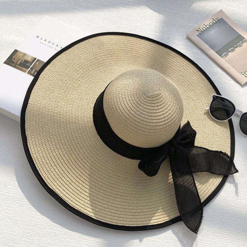 Zomer Panama Hoed Grote Rand Strooien Hoed Floppy Wide Brim Zon Hoeden Strik Strand Opvouwbare Hoeden Caps Voor Vrouwen Chapeu feminino: Beige and Black