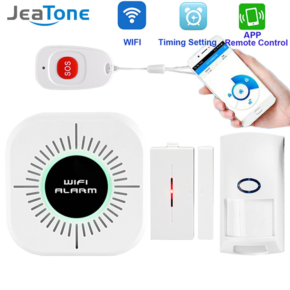 Jeatone draadloos huis inbreker wifi alarmsysteem beveiliging app controle engels android ios pir-sensor deur raam detector alarm: C