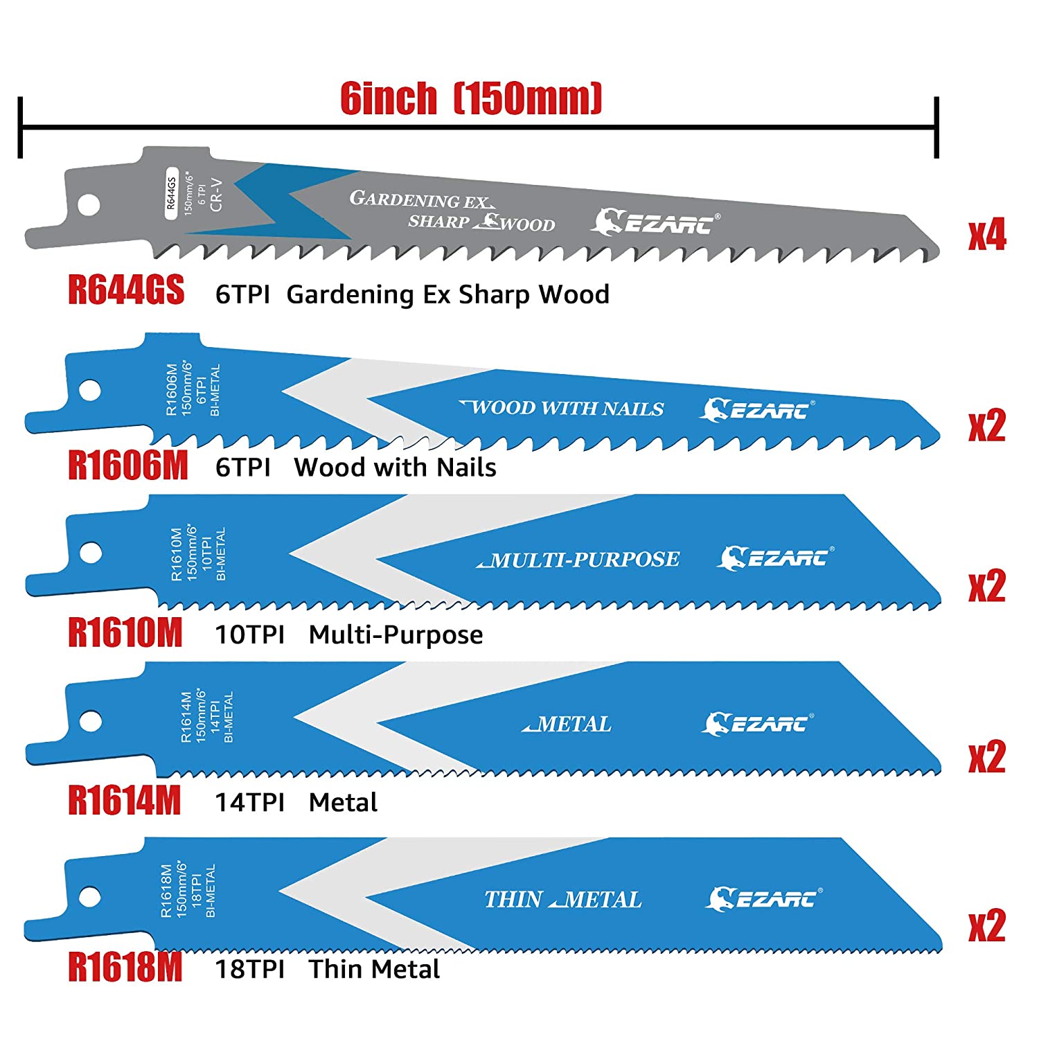 Ezarc 6 Inch 150 Mm Vergeldende Zaagbladen Kits, 12 Stuks Bi-Metalen Sloop Sabre Zaagblad Voor Metaal En Hout Snijden