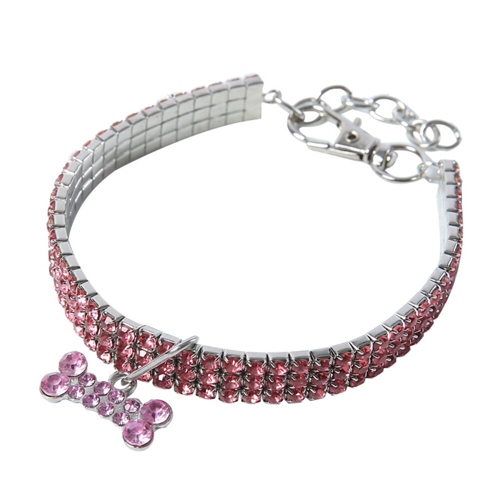 3 rijen diamanten hondenhalsband met juwelen en een hanger van bot, strass-kristalband, puppyhondenhalsband van leer: Roze / Ik