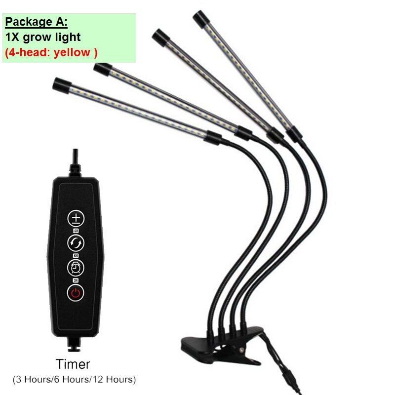 Usb-timer, 3/4- kops led-kweeklamp, fytolamp, kweektent voor binnen, kweekkast, cultivo, gele clip, zonlicht, volspectrum, plantengroeilamp: Een pakket 4 hoofd