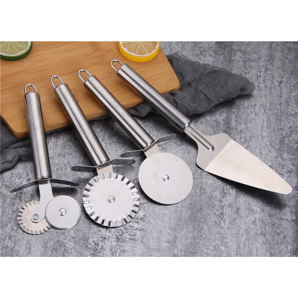 Keuken Pizza Tool 4 Patronen Pizza Cutter Rvs Dubbele Roller Pizza Mes Cutter Gebak Pasta Deeg Crimper