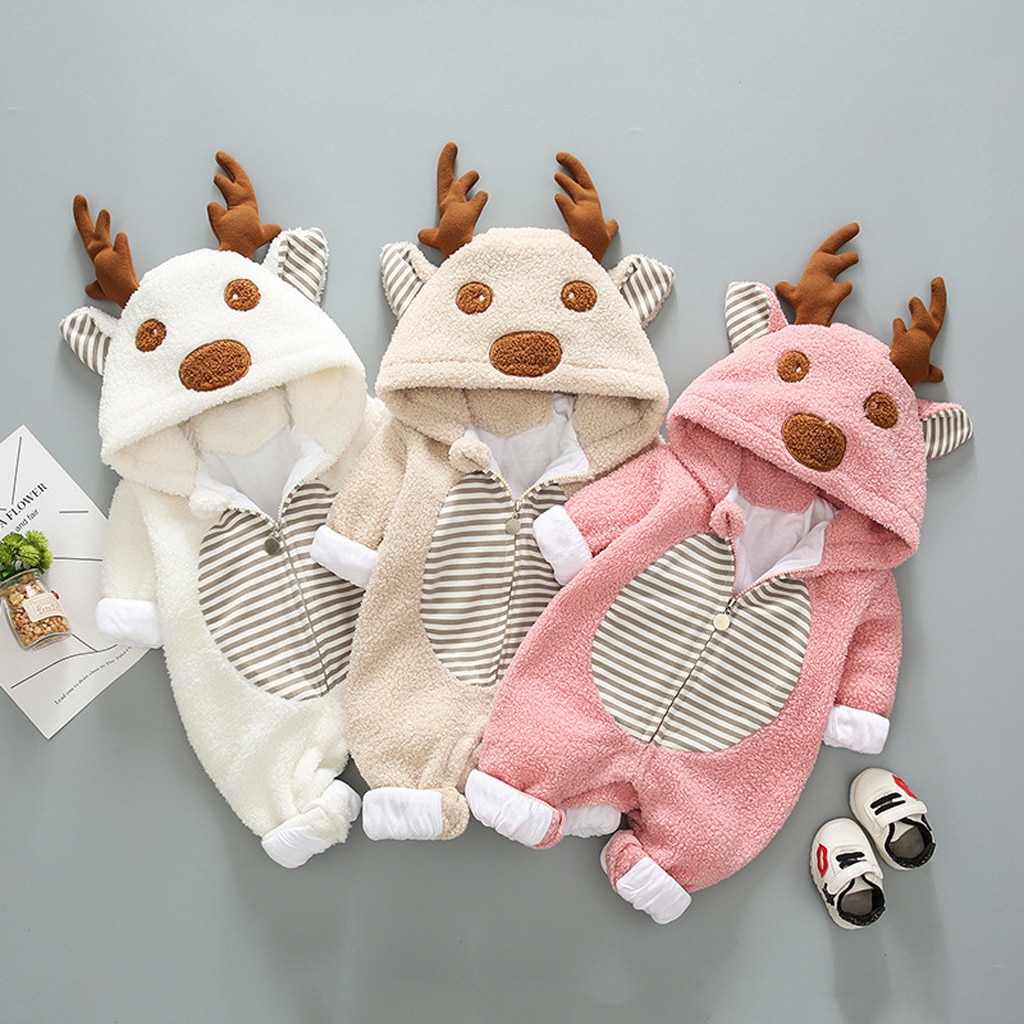 Roupas de natal do bebê recém-nascido menino menina velo dos desenhos animados inverno quente macacão com capuz casaco outwear natal outono roupas