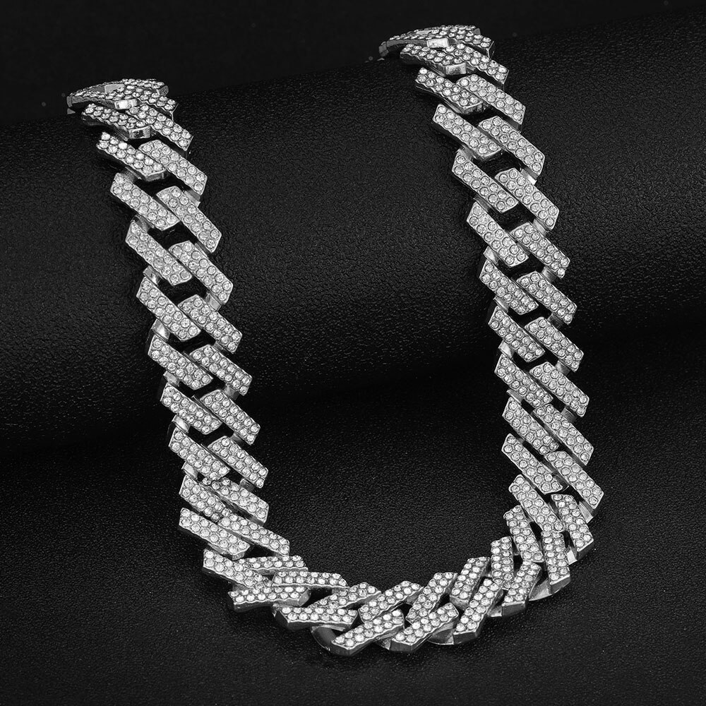 Collier Long glacé pour hommes, Hip Hop, strass or et argent de 19mm, chaîne cubaine, Rap à paillettes, exquis: Silver / 20inch(50cm)