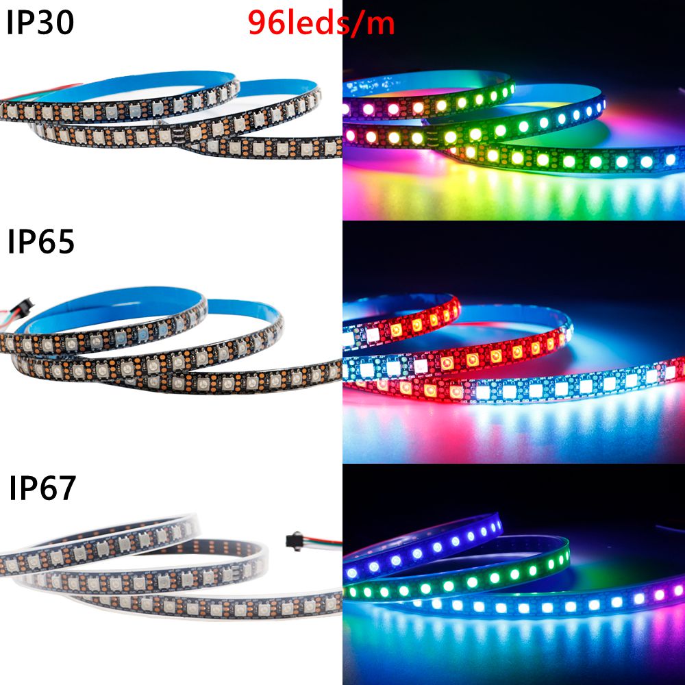 Tira de luces Led DC5V WS2812B 74/96/144leds/m direccionable individualmente inteligente 5050RGB WS2812 píxeles luz Led IP30/65/67 PCB negro/blanco