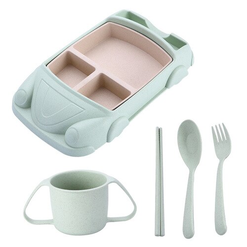 Children's Cartoon Car Baby Tableware Bamboo Fiber Children Feeding Shatter-resistant Grid Plate Set Wy1116: Nordic green