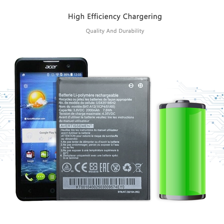 2000mAh BAT-A12 Battery for Acer Liquid Z520 Battery Liquid Z520 Dual SIM (P/N BAT-A12(1ICP4/51/65) KT.00104.002) Track Code