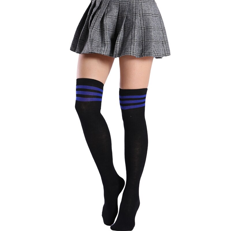 Women Girls Long Tube Socks Stripes Over Knee Length Sports Stockings for Dancing Running Travelling Cycling: black blue