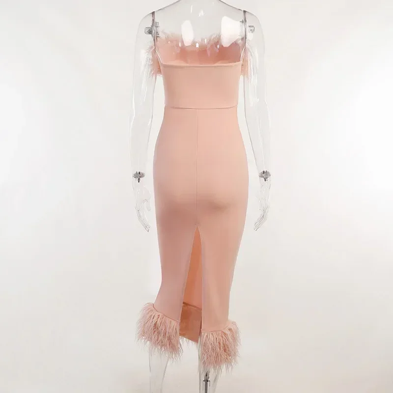 Bangniweigou Party Hairy Tube Dress Off Shoulder Split Midi Prom Robe Women Birthday Pink White Black Evening Attire