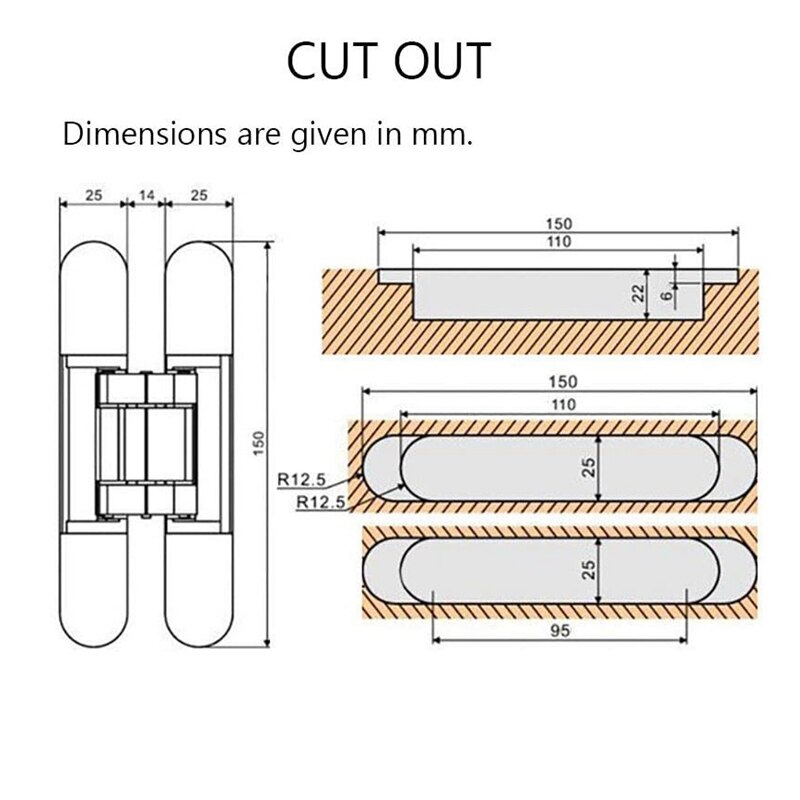 2Pcs 6 Inch Concealed Door Hinges Invisible Hinges Concealed Hinges 180 Degree Swing Hinge 3 Way Adjustable Butt Hinge