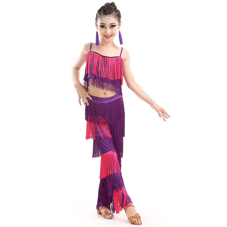 Children Bachata Latin Dance Costumes Girls Ballroom Tango Salsa Latin Dance Competition Costume Fringe Pants Tops: Purple / 140cm