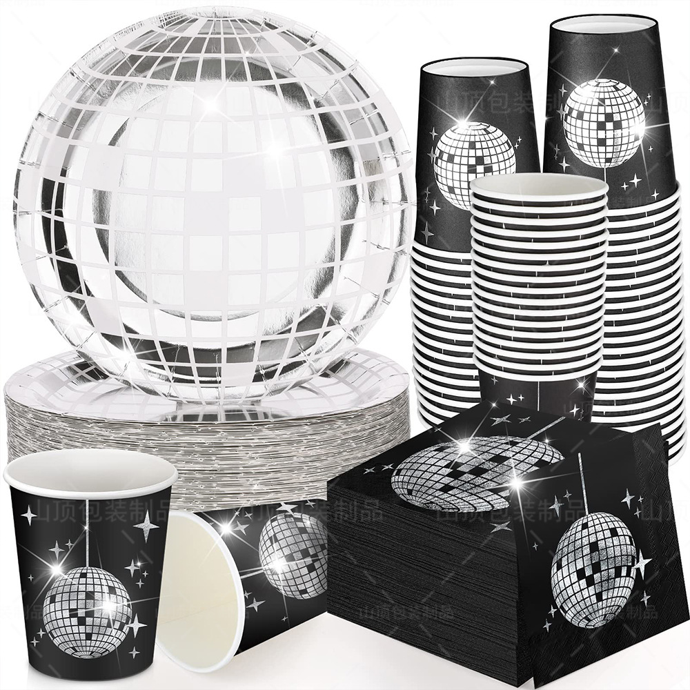 10Guests Disco Silver Ball Disposable Tableware Silver Plates Disco Black Napkin Adult Disco Theme Happy Birthday Party Decor