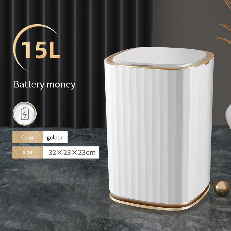 Smart Sensor Prullenbak Thuis Elektronische Automatische Prullenbak Badkamer Wc Waterdicht Smalle Vuilnis Vuilnisbak Keuken Grote: Battery golden 15L