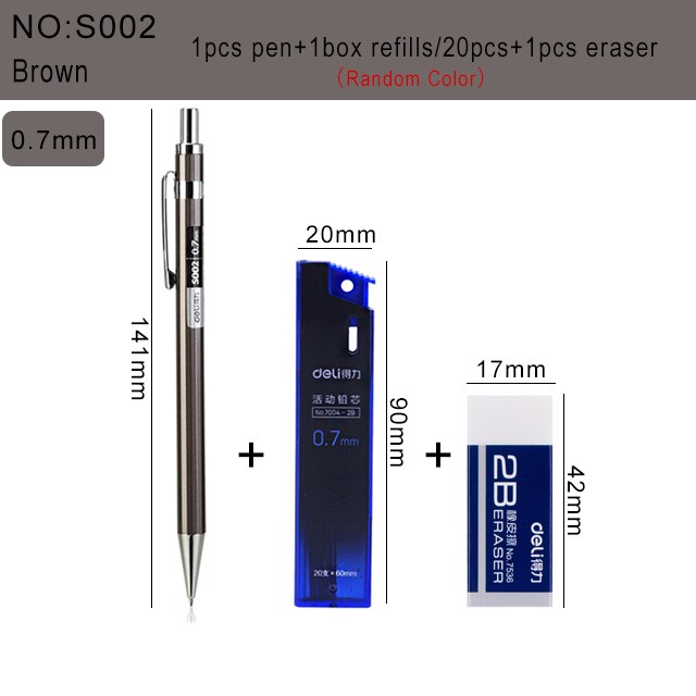 Deli Metal Mechanical Pencil 0.5 0.7mm Lead 2B Drawing Writing Activity Pencils For Artist School And Office Stationeries: S002-Brown-0.7mm