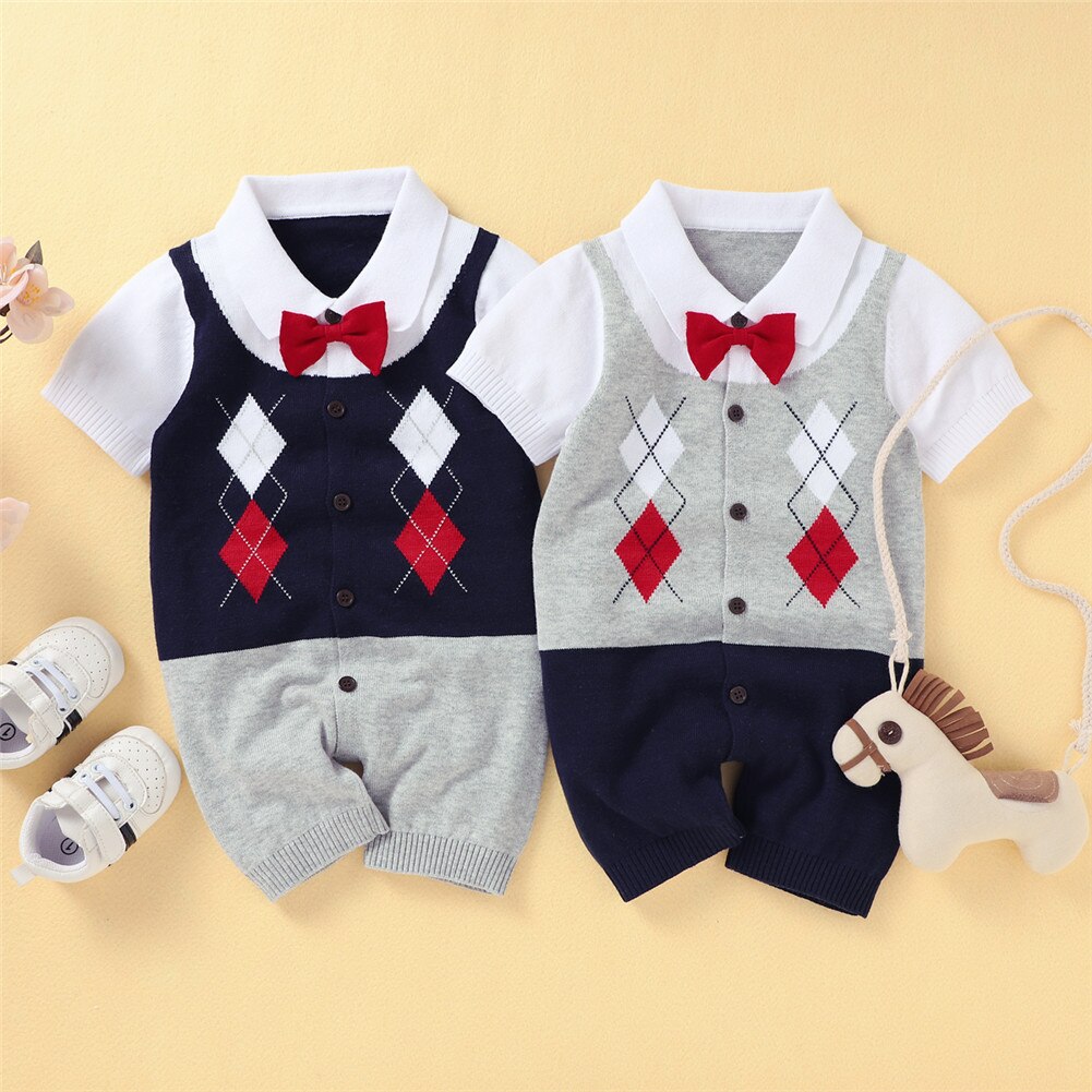 Infant Baby Boys Bow Tie Retro Romper Cotton Short Sleeve Button-Down Folded Patchwork Knitted Patchwork British Style Jumpsuit