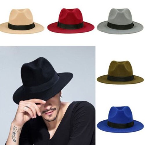 Hirigin Mode Unisex Hard Vilt Panama Hoed Fedora Trilby Hoeden Gangster Caps Brede Rand