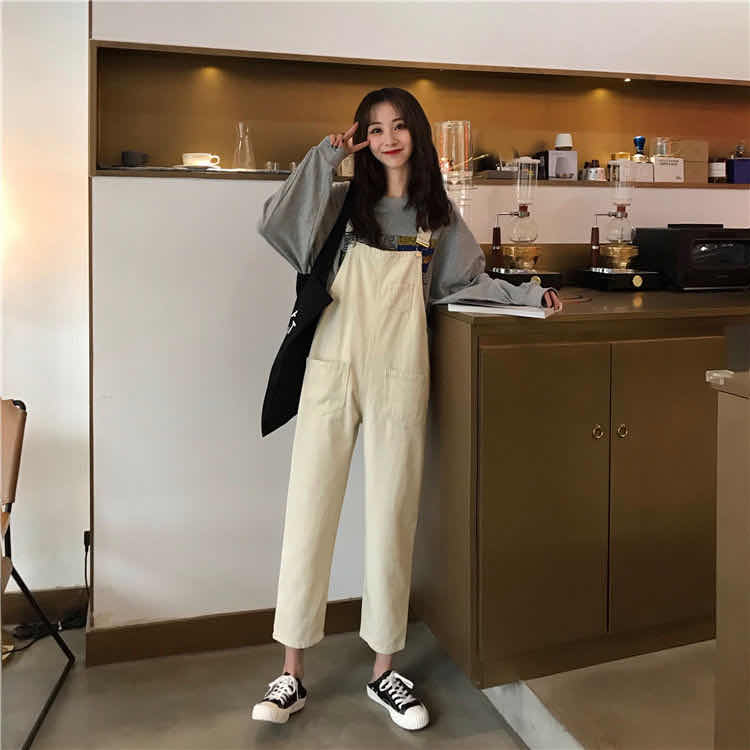 Kvinder retro overalls koreansk street style ren sort vild løs kæreste denim overalls ni point brede ben bukser college: Beige / M