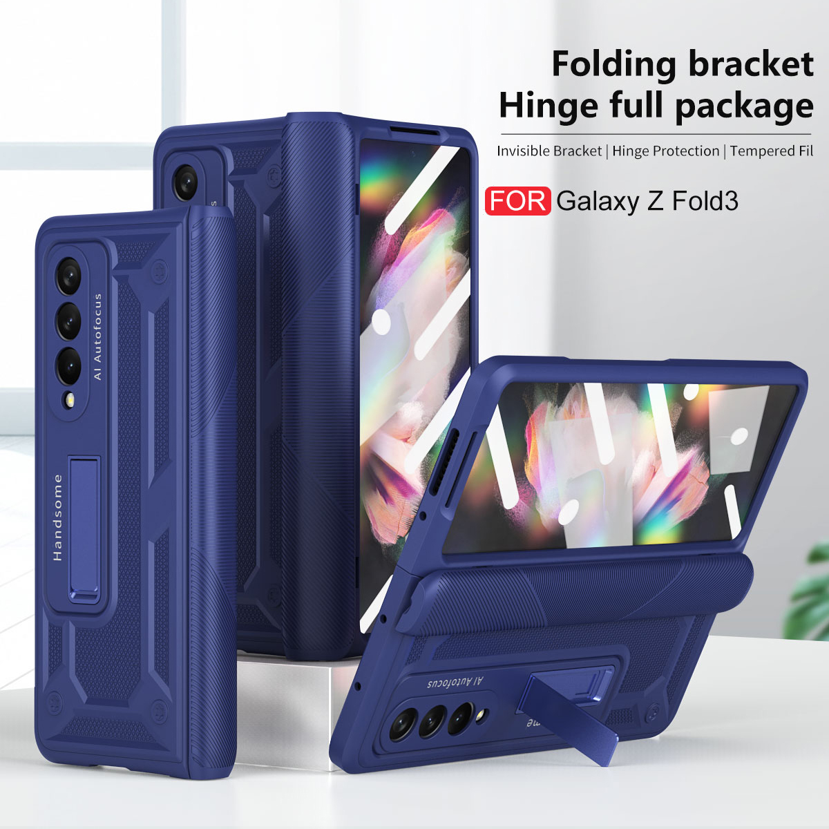 Charnière magnétique Pour Samsung Galaxy Z Plier 3 2 avec Écran Avant Verre Film Charnière Pleine Protection Z Plier 3 5G Couverture Arrière: For Samsung Z Fold 3 / Blue