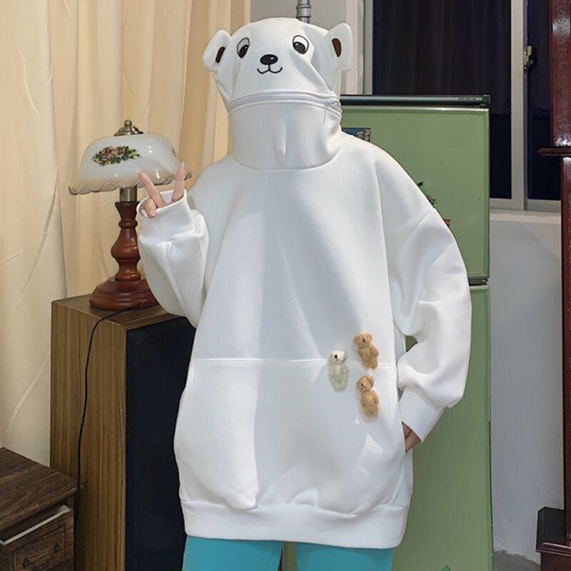 Unisex Frog Casual Panda Hooded Sweatshirt Couple with Plush Toy Accessories Durable for Winter Autumn Bear Hoodie AIA99: S / White