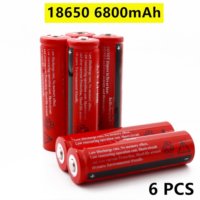 100% 18650 akkua 3,7 v 6800 mah ladattavaa litiumioniakkua led-taskulamppuihin litiumakku: 6 kpl akku