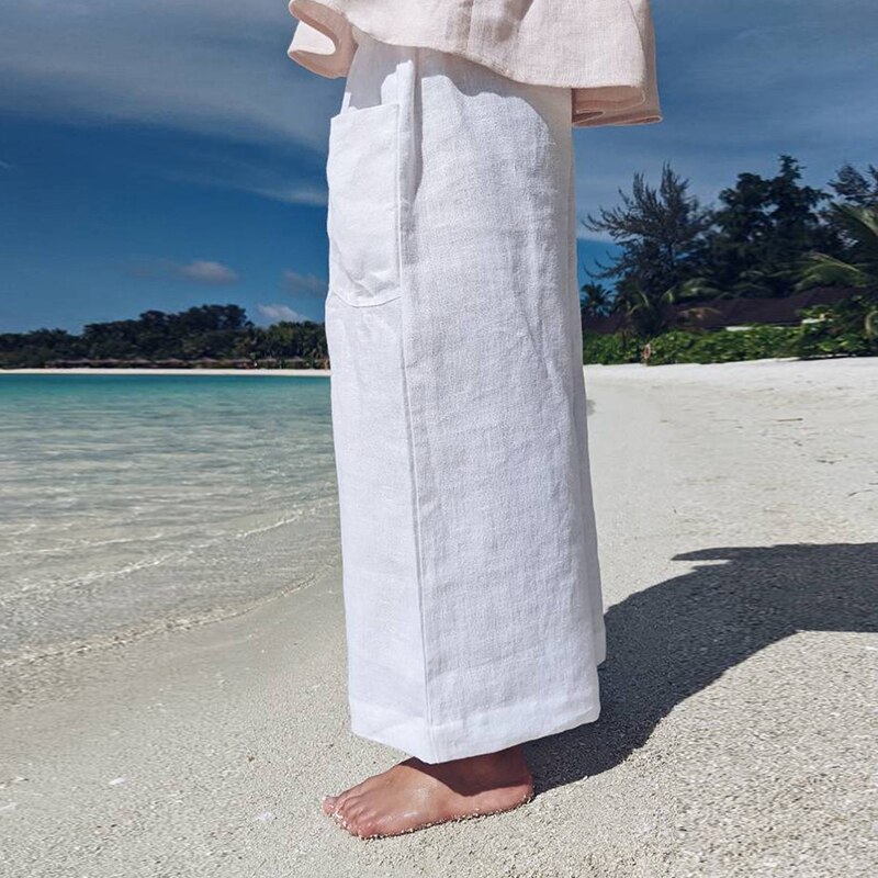 Pantaloni da ragazza in cotone e lino primavera ed estate sottile spiaggia ragazza Casual tasche dritte pantaloni di lino per le vacanze TZ041
