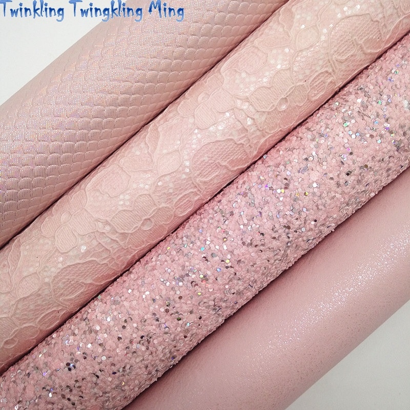 PINK Glitter leather, Lace Glitter Fabric, Mermaid Faux Leather Sheets For Bow A4 21x29CM Twinkling Ming KM243