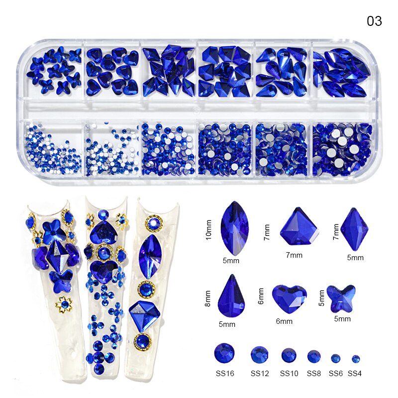 12 gördar blandade storlekar klein blå diamanter nagel strass 3d nail art dekor flatback glänsande kristall 3d glitter ädelstenar strass 1 låda: 3
