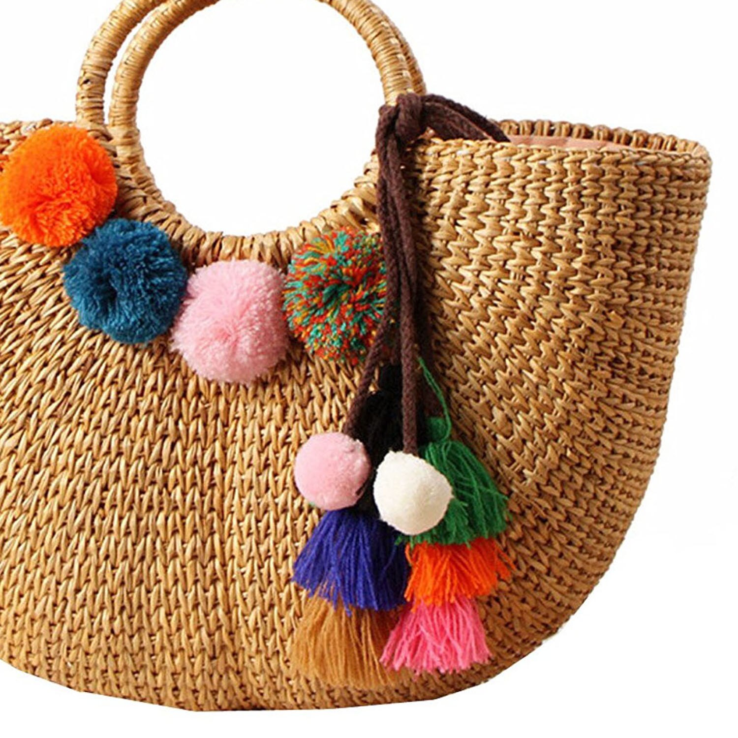 Dcos-Womens Vintage Stro Geweven Handtassen Casual Strand Grote Tassen Met Ronde Handgreep Ring(Hairball)