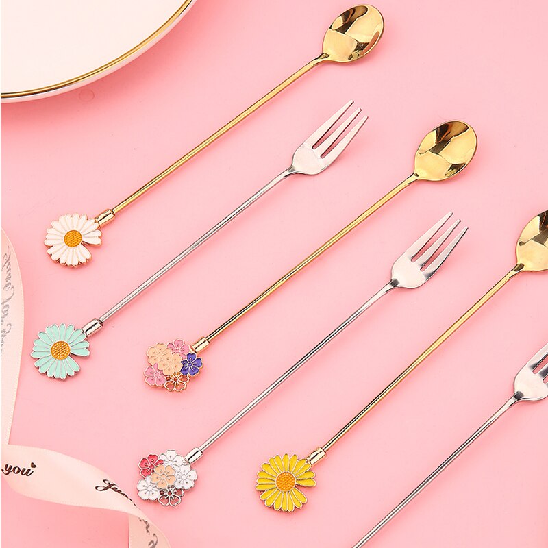 1Pc Rvs Kersenbloesem Lepel Vork Taart Koffie Dessert Thee Ijs Roeren Lepels Leuke Daisy Keuken Theelepel